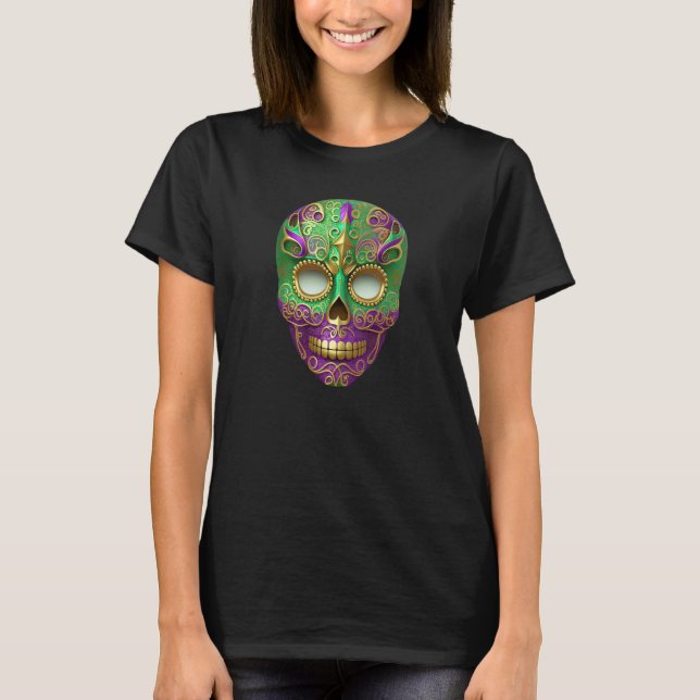 Mardi Gras Sugar Skull Green Purple & Gold T-Shirt (Front)