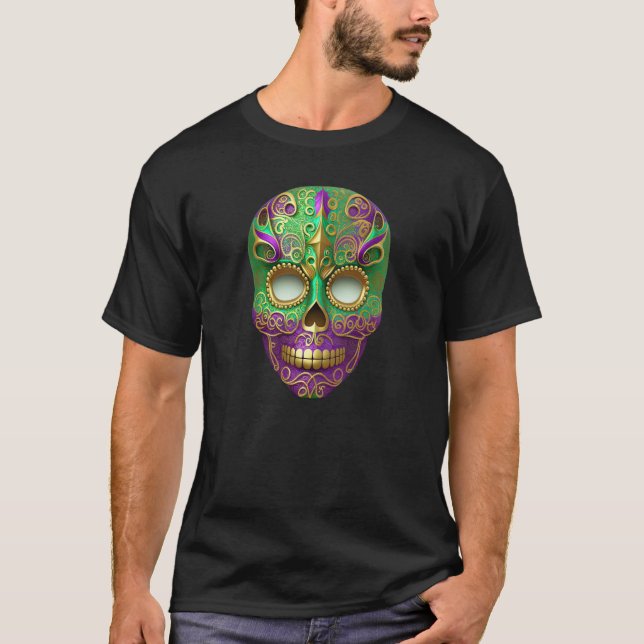 Mardi Gras Sugar Skull Green Purple & Gold T-Shirt (Front)