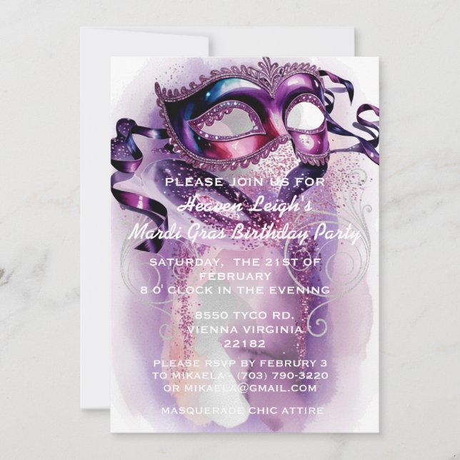 Mardi Gras Sweet 16 Masquerade Birthday Invitation (Front)