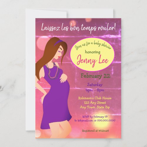 Mardi Gras Themed Baby Bump Invite Brown Hair