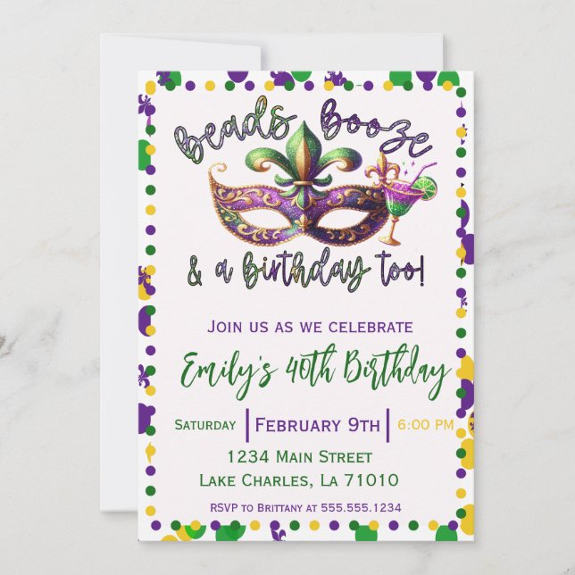 Mardi Gras Themed Birthday Invitation (Front)