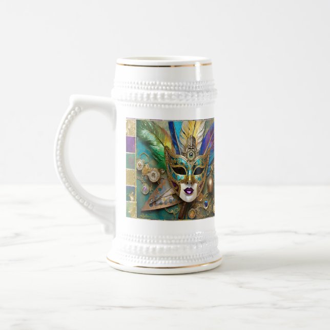Mardi Gras Third Eye Gold Ceramic Feather Mask Beer Stein (Left)