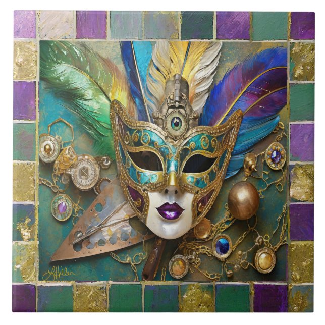 Mardi Gras Third Eye Gold Ceramic Feather Mask Ceramic Tile (Front)