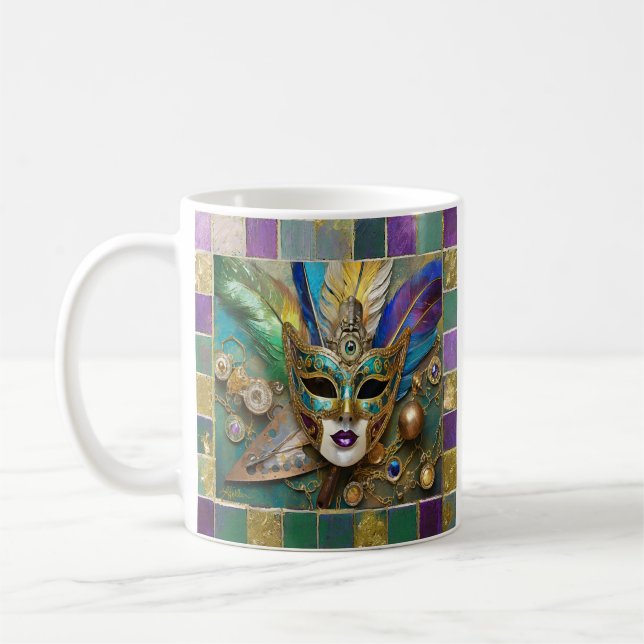 Mardi Gras Third Eye Gold Ceramic Feather Mask Coffee Mug (Left)