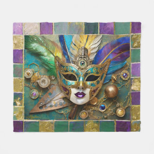 Mardi Gras Third Eye Gold Ceramic Feather Mask Fleece Blanket