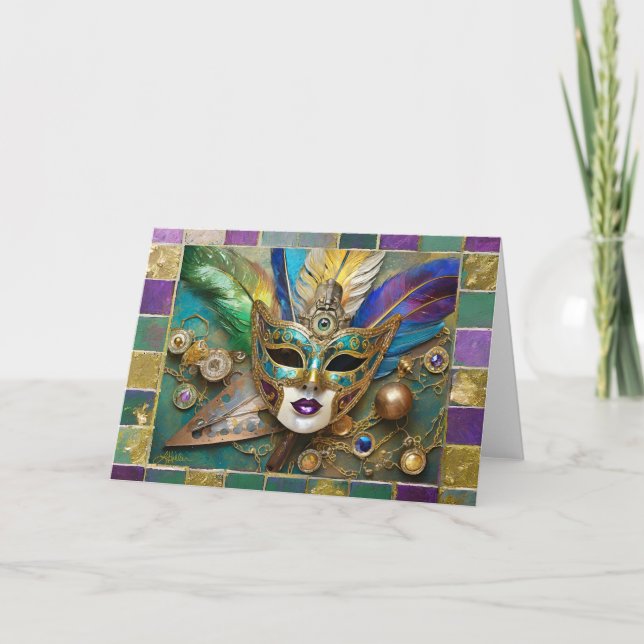 Mardi Gras Third Eye Gold Ceramic Feather Mask Holiday Card (Front)