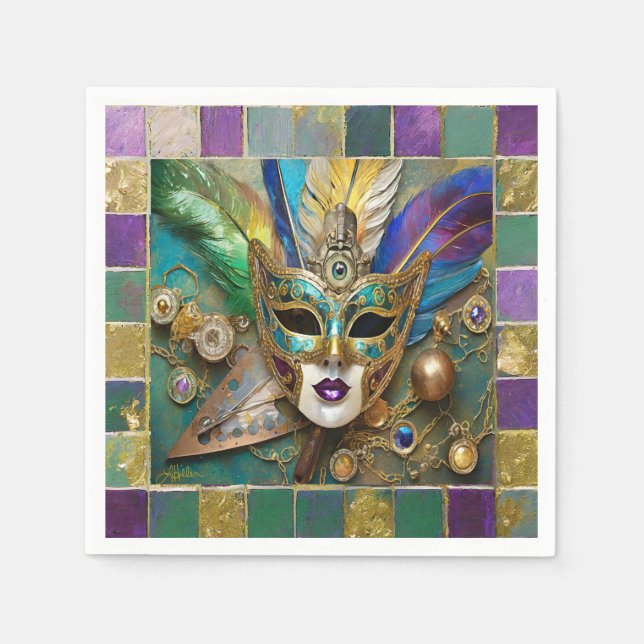 Mardi Gras Third Eye Gold Ceramic Feather Mask Napkins (Front)