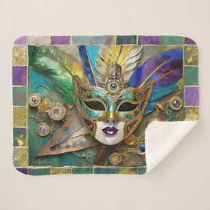 Mardi Gras Third Eye Gold Ceramic Feather Mask Sherpa Blanket