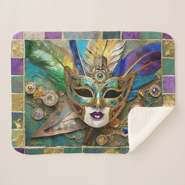 Mardi Gras Third Eye Gold Ceramic Feather Mask Sherpa Blanket (Front (Horizontal))