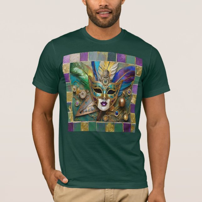 Mardi Gras Third Eye Gold Ceramic Feather Mask T-Shirt (Front)