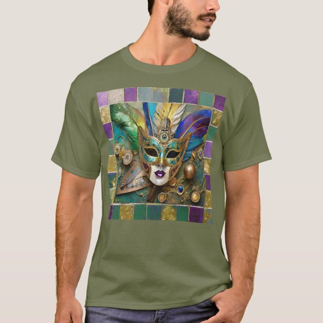 Mardi Gras Third Eye Gold Ceramic Feather Mask T-Shirt (Front)