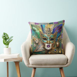 Mardi Gras Third Eye Gold Ceramic Feather Mask Throw Pillow
