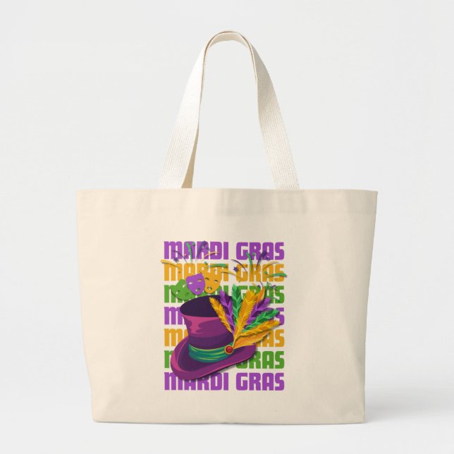 MARDI GRAS Top Hat Feathers Large Tote Bag (Front)