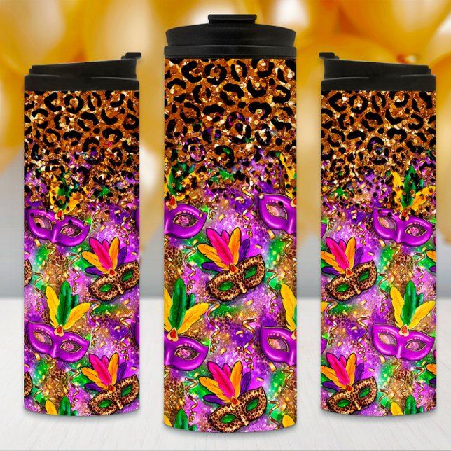 Mardi Gras Tumbler, Masks and Leopard Print Thermal Tumbler (Creator Uploaded)