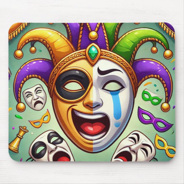 Mardi Gras. Two blue masks with emotions  Mouse Pad (Front)