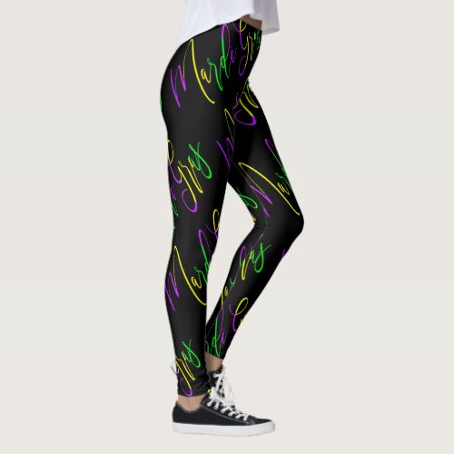 Mardi Gras Typography Purple Green Yellow Black Leggings