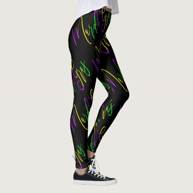 Mardi Gras Typography Purple Green Yellow Black Leggings (Right)