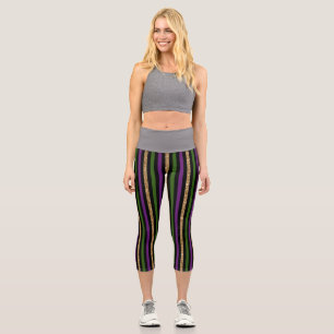 Mardi Gras Vertical Lines Golden Glitter NOLA Capri Leggings