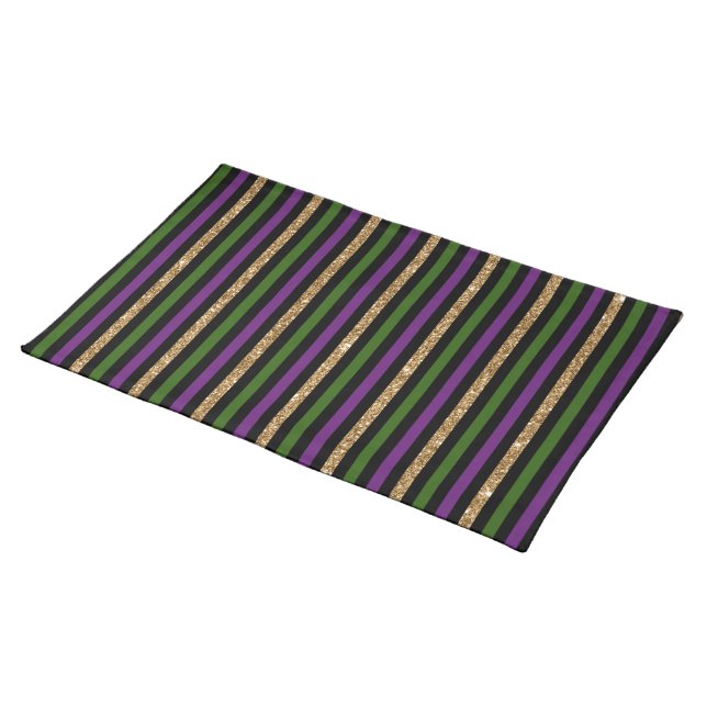 Mardi Gras Vertical Lines Golden Glitter NOLA Cloth Placemat (On Table)