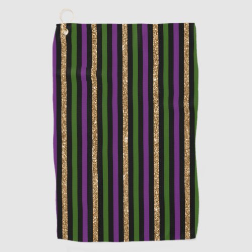 Mardi Gras Vertical Lines Golden Glitter NOLA Golf Towel