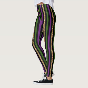 Mardi Gras Vertical Lines Golden Glitter NOLA Leggings