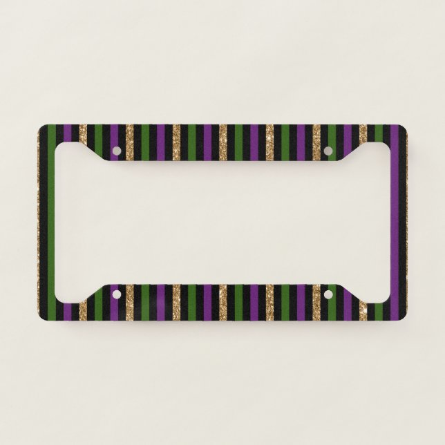 Mardi Gras Vertical Lines Golden Glitter NOLA License Plate Frame (Front)