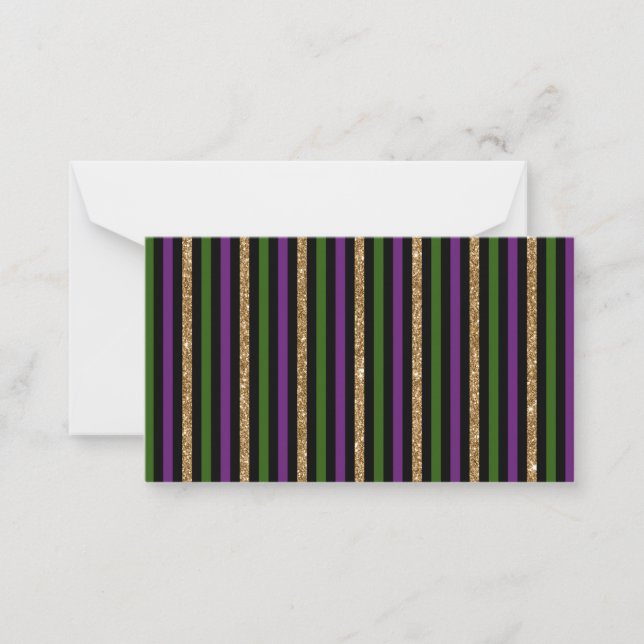 Mardi Gras Vertical Lines Golden Glitter NOLA Note Card (Front)