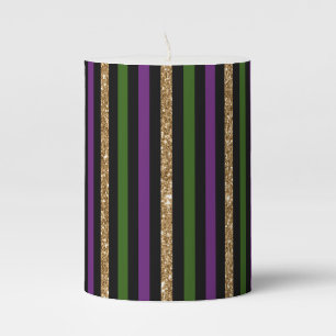 Mardi Gras Vertical Lines Golden Glitter NOLA Pillar Candle
