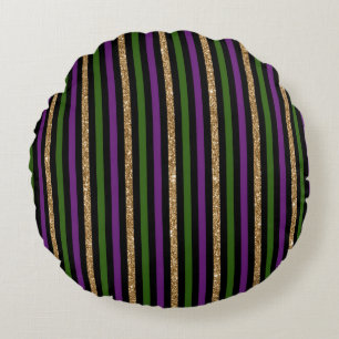 Mardi Gras Vertical Lines Golden Glitter NOLA Round Pillow