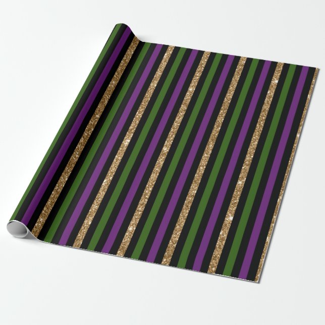 Mardi Gras Vertical Lines Golden Glitter NOLA Wrapping Paper (Unrolled)