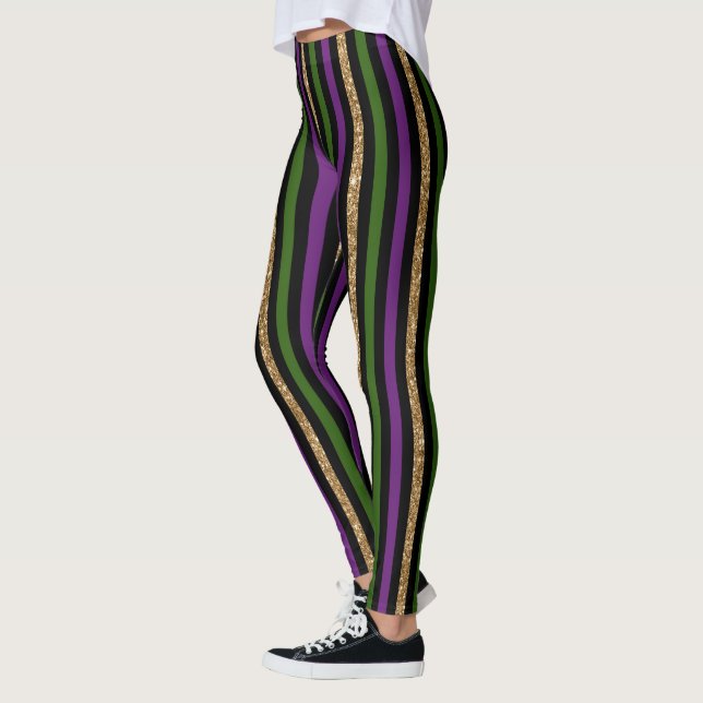 Mardi Gras Vertical Stripe Pattern Purple Green Leggings (Left)