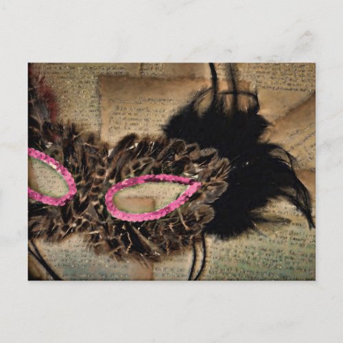 Mardi Gras Vintage Antique Script Pink Brown Mask Postcard
