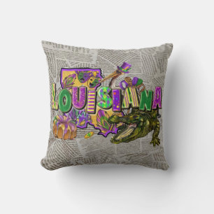Mardi Gras Vintage Newspaper King Cake Alligator Throw Pillow