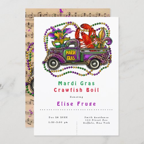 Mardi Gras Vintage Truck Crawfish Boil  Invitation