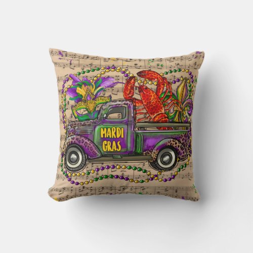 Mardi Gras Vintage Truck Music Fleur De Lis Throw Pillow