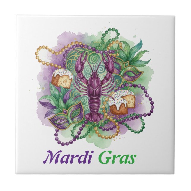 Mardi Gras Watercolor Celebration  Ceramic Tile (Front)