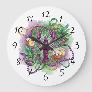 Mardi Gras Watercolor Celebration  Large Clock