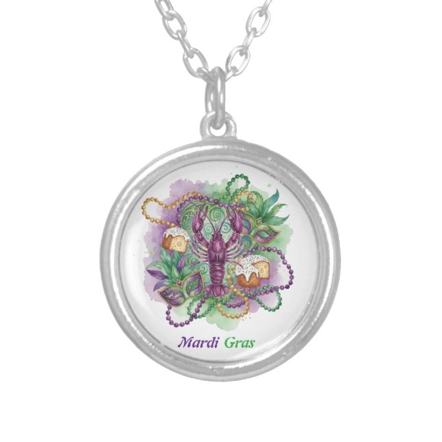 Mardi Gras Watercolor Celebration  Silver Plated Necklace (Front)