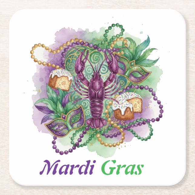 Mardi Gras Watercolor Celebration  Square Paper Coaster (Front)