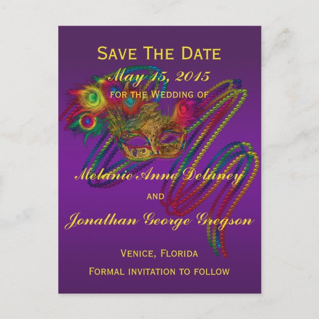 Mardi Gras Wedding SAVE THE DATE Postcards (Front)