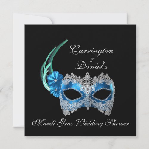 "Mardi Gras Wedding Shower" - Turquoise Mask w/ La Custom Announcement