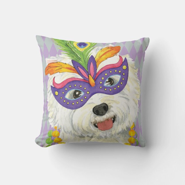 Mardi Gras Westie Throw Pillow (Front)
