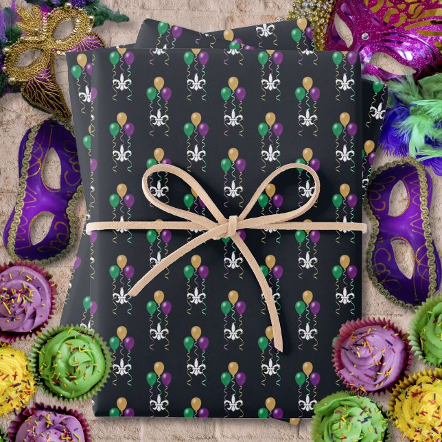 Mardi Gras White FleurDeLis Balloons on Graphite Wrapping Paper Sheets (Mardi Gras White FleurDeLis Balloons on Graphite Wrapping Paper Sheets by Leapfroglisics Shop)