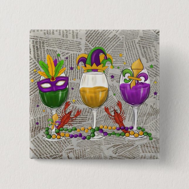 Mardi Gras Wine Glasses and Crawfish Button (Front)