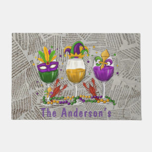 Mardi Gras Wine Glasses and Crawfish Custom Doormat