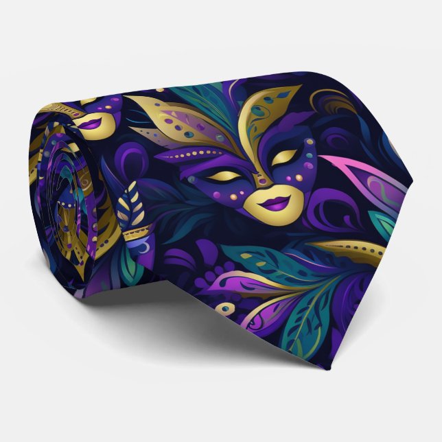 Mardi Gras with golden yellow masks Neck Tie (Rolled)