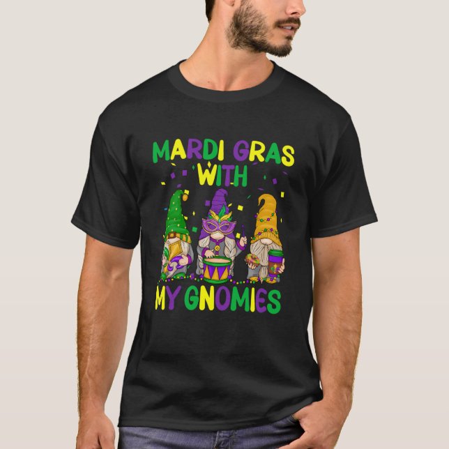 Mardi Gras with My Gnomies Mardi Gras Three Gnomes T-Shirt (Front)