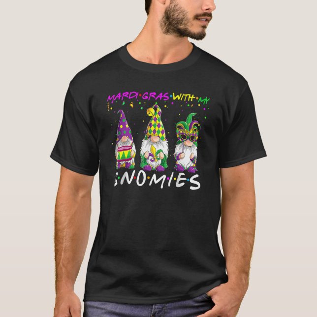 Mardi Gras With My Gnomies Three Gnome Mask Beads T-Shirt (Front)