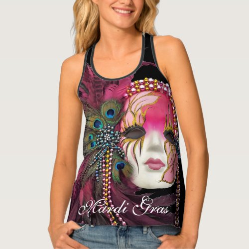 Mardi Gras With Pink Mask Beads  Feathers Tank Top