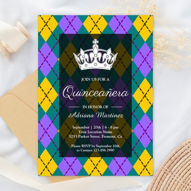 Mardi Gras Yellow Purple Argyle Crown Quinceanera Invitation (Creator Uploaded)